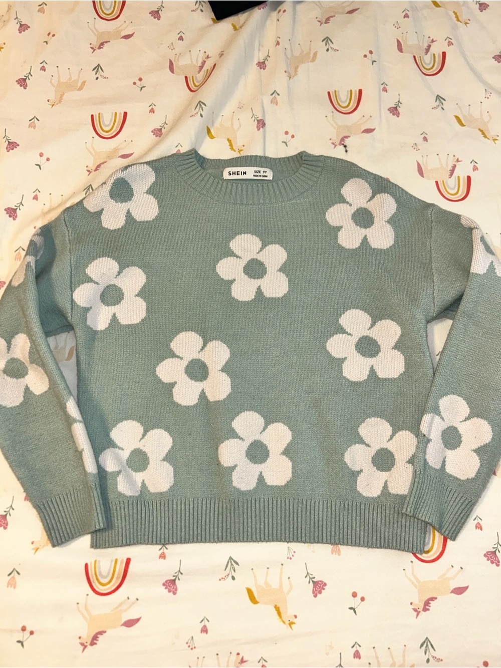 SHEIN Mint Green Daisy Pattern Knit Sweater